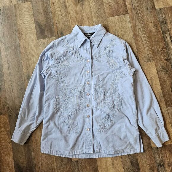 Vtg 90s Silver Threads Shirt Womens Sm Blue Denim Embroidered Western Button Up - Picture 1 of 9